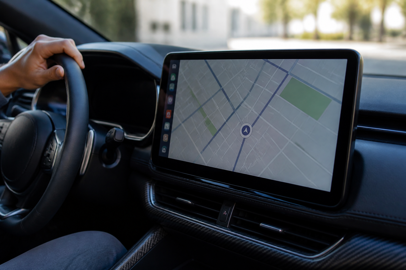 A close-up view of a modern, large aftermarket infotainment screen installed in the dashboard of an electric vehicle, displaying a navigation map.