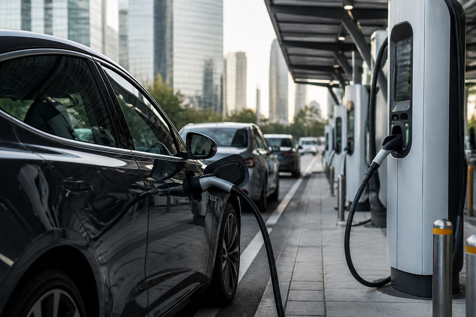 A modern electric vehicle charging at a public fast-charging station with multiple charging points, surrounded by other parked cars in an urban environment.