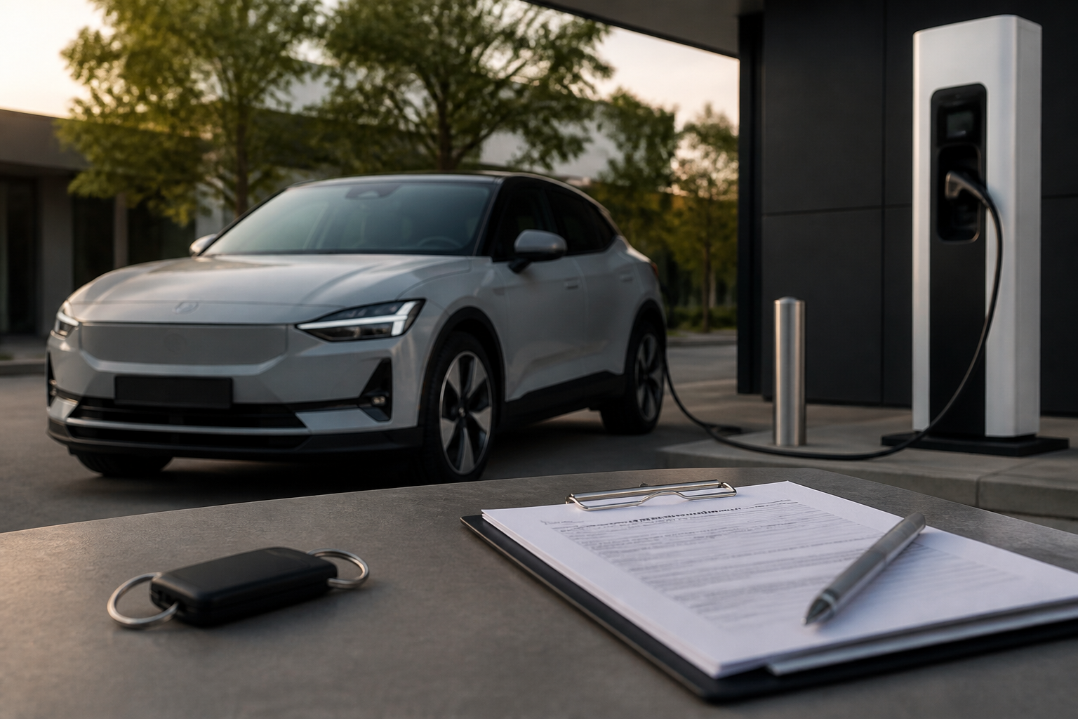 Electric vehicle parked near a modern charging station with insurance documents nearby