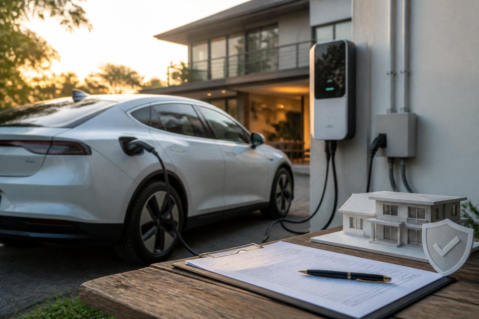 Electric vehicle parked near a modern charging station with insurance documents nearby
