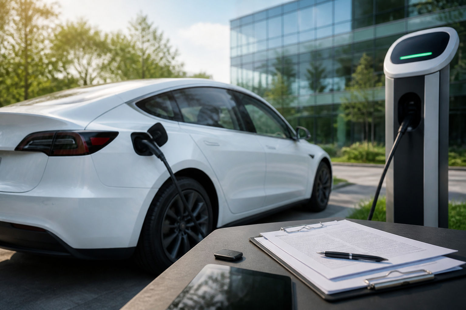 Electric vehicle parked near a modern charging station with insurance documents nearby