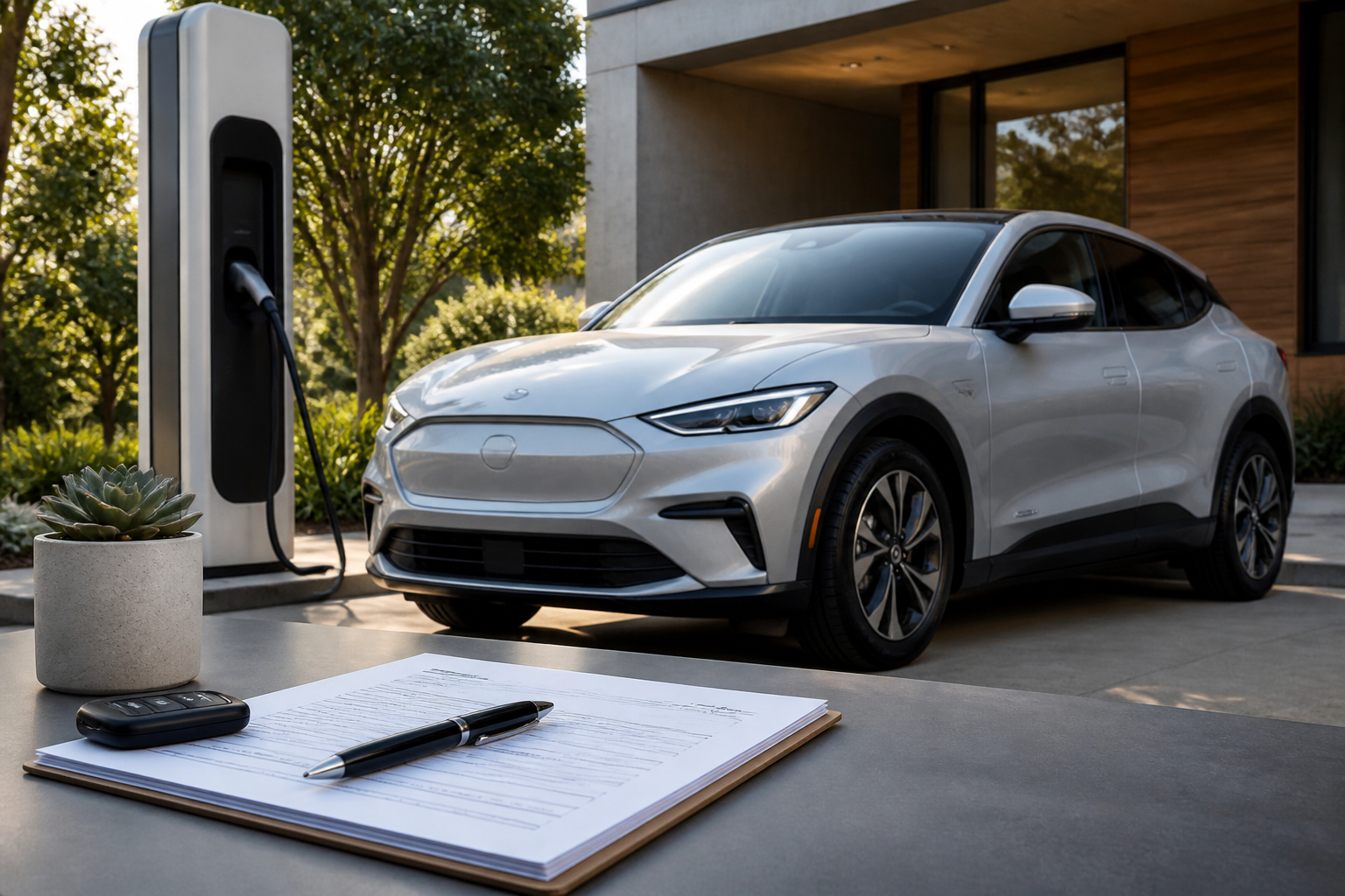 Electric vehicle parked near a modern charging station with insurance documents nearby