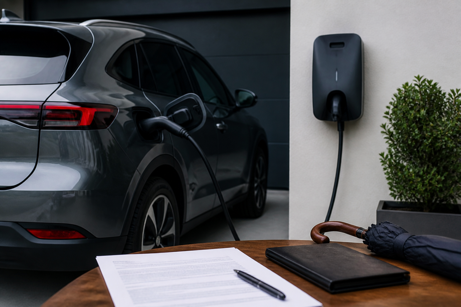 Electric vehicle parked near a modern charging station with insurance documents nearby