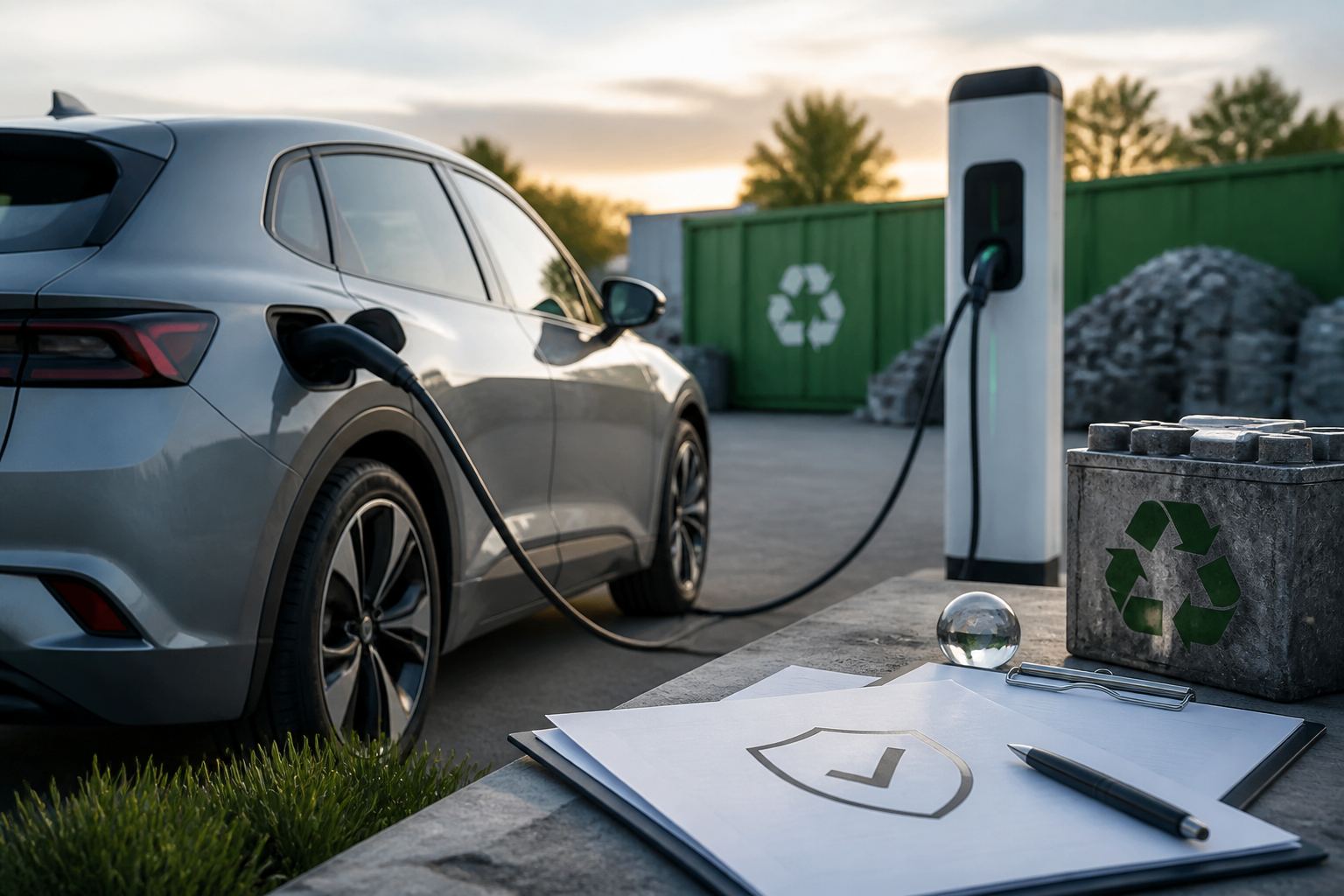 Electric vehicle parked near a modern charging station with insurance documents nearby