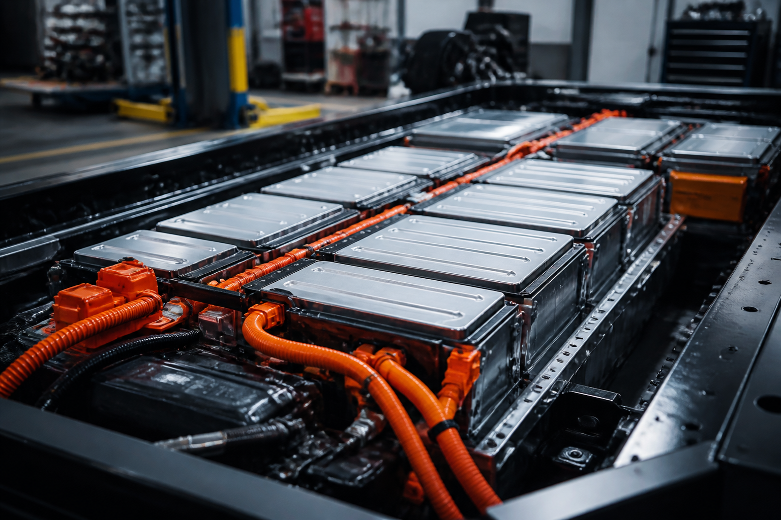 A close-up image of an electric vehicle's battery pack, with some wiring visible, suggesting the complexity and power involved.