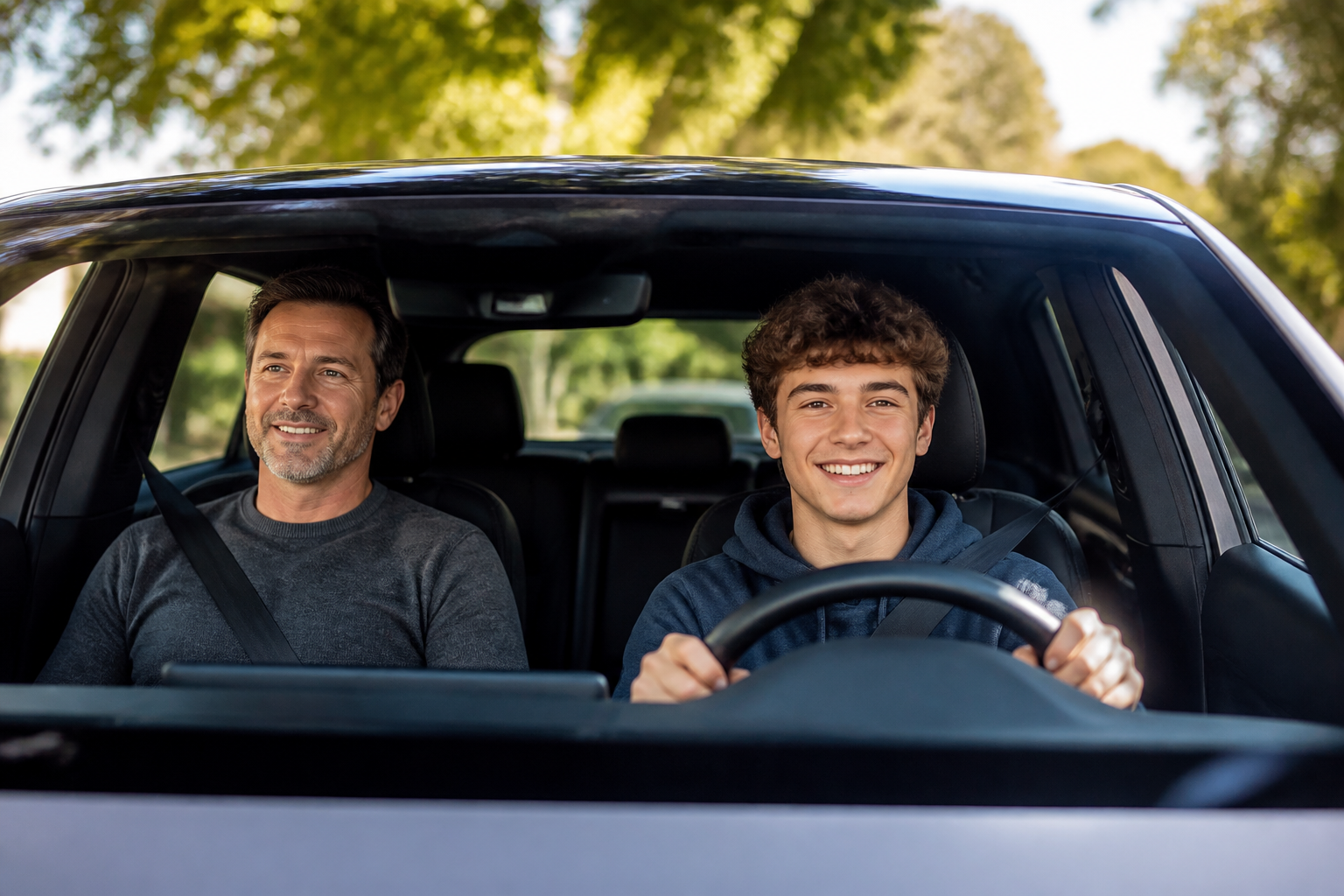 A smiling teenage driver behind the wheel of a modern electric car, with a parent in the passenger seat, looking at the road ahead.