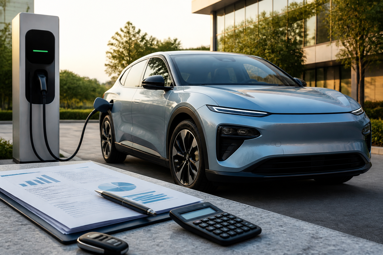 Electric vehicle parked near a modern charging station with insurance documents nearby