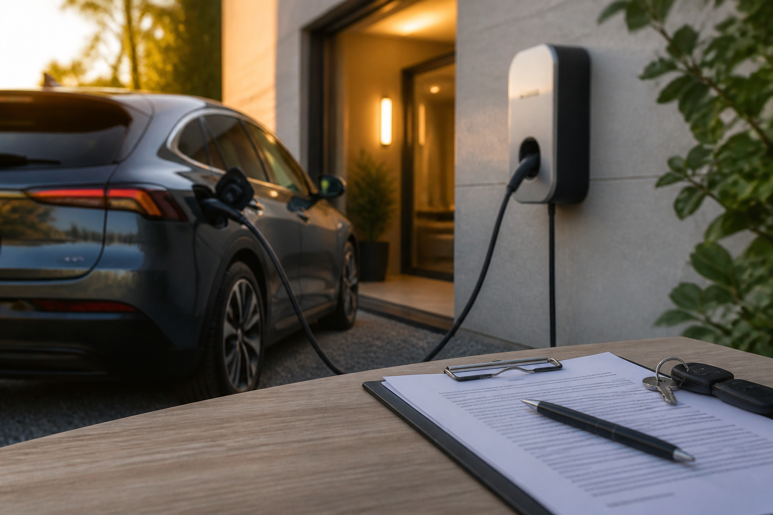 Electric vehicle parked near a modern charging station with insurance documents nearby