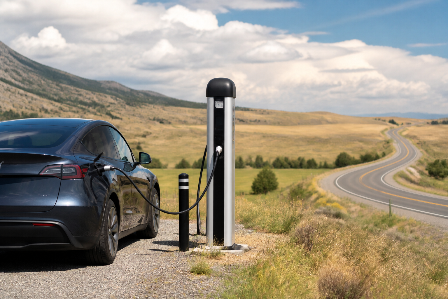 An electric vehicle charging at a standalone charging station in a scenic, sparsely populated rural landscape, with a winding road disappearing into the distance.