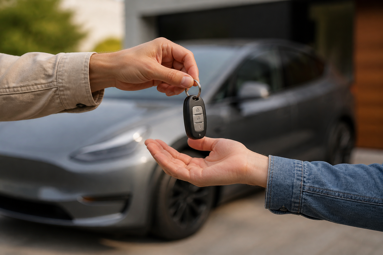 A hand passing car keys to another hand, with a blurred electric car in the background, symbolizing the sale and transfer of ownership.