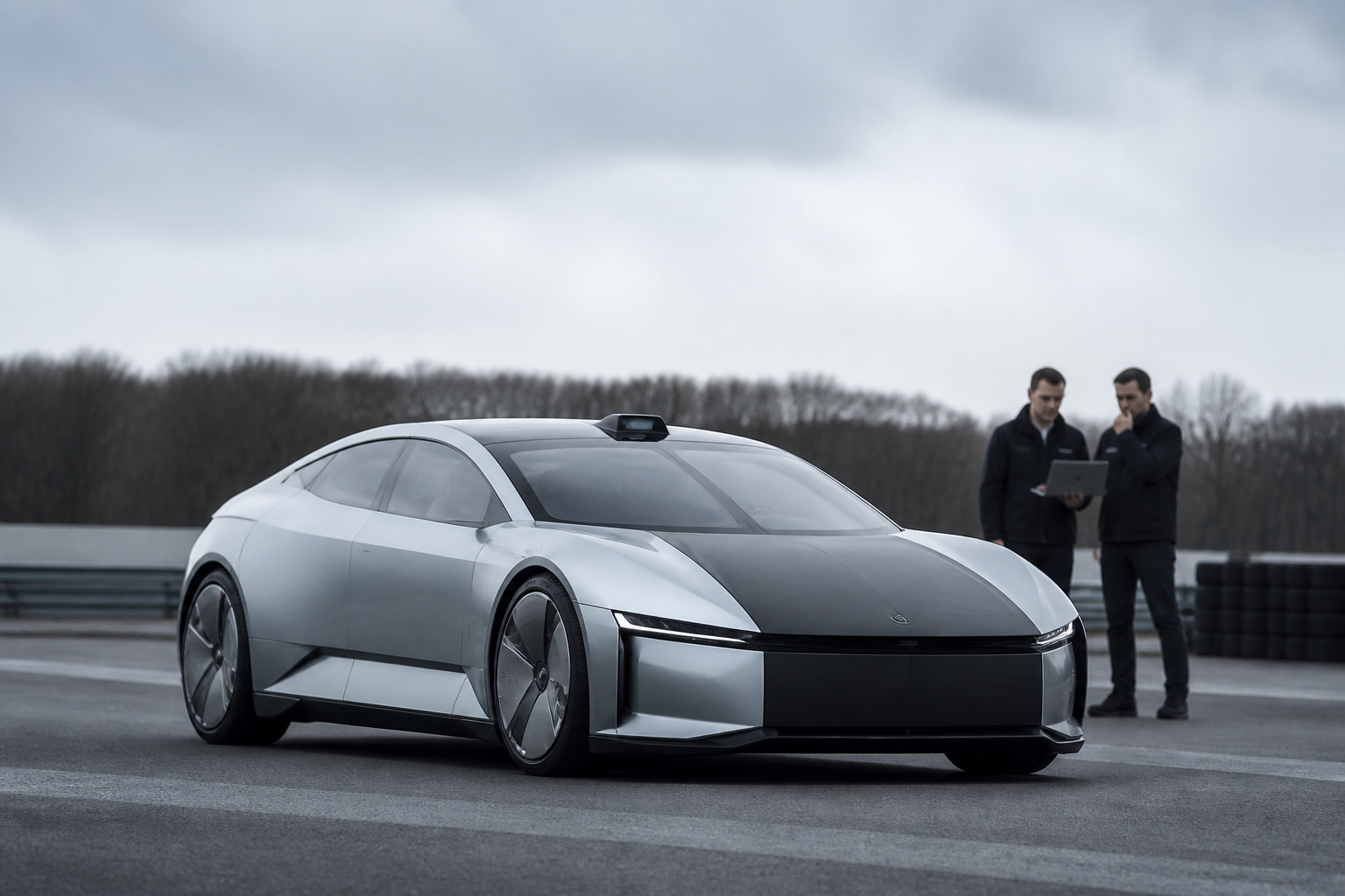 A sleek, futuristic electric vehicle prototype with unique design elements, possibly undergoing testing on a closed track, with engineers observing in the background.