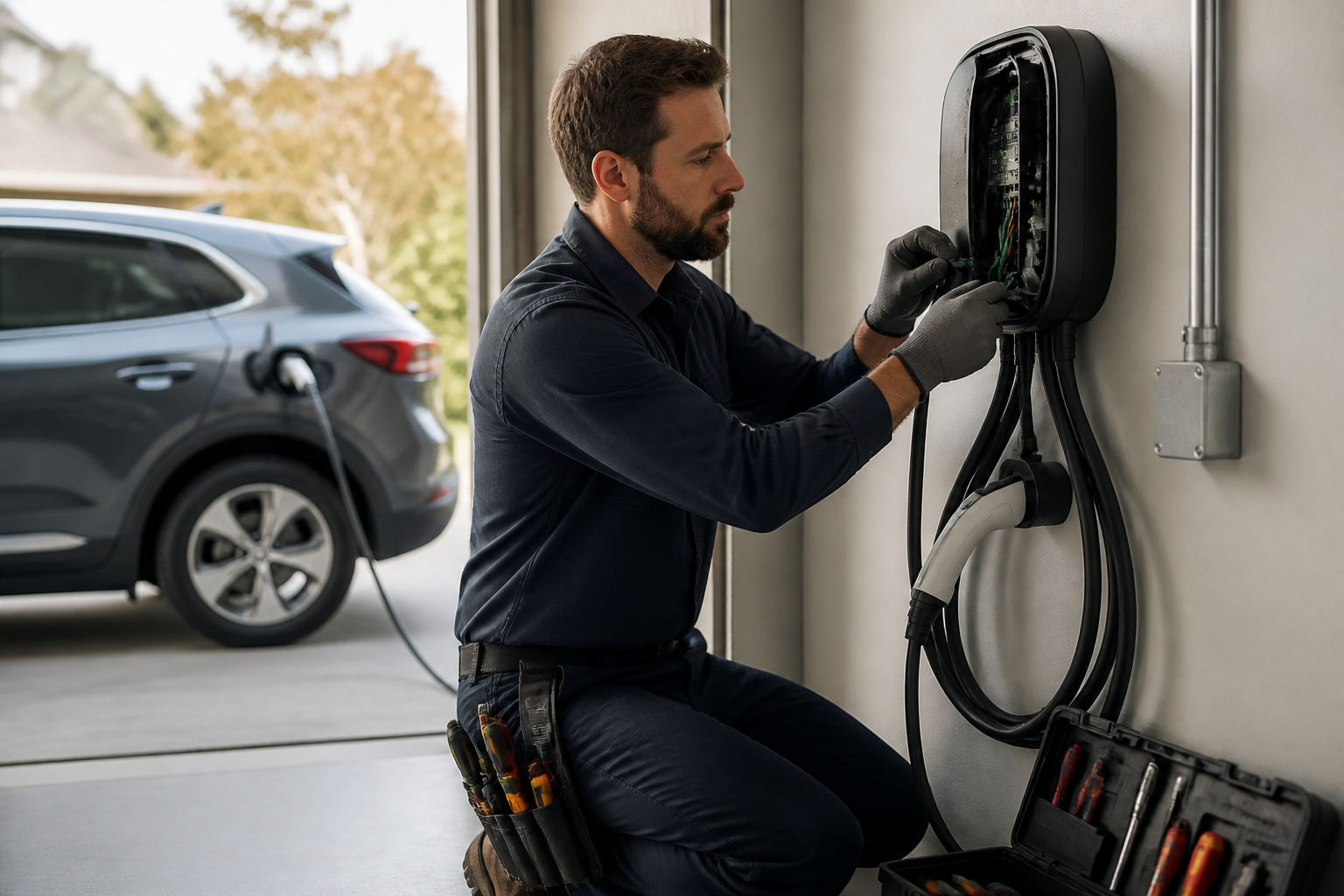 An electrician carefully installing a Level 2 EV charging station on a garage wall, with tools and wiring visible, ensuring a safe and compliant setup.