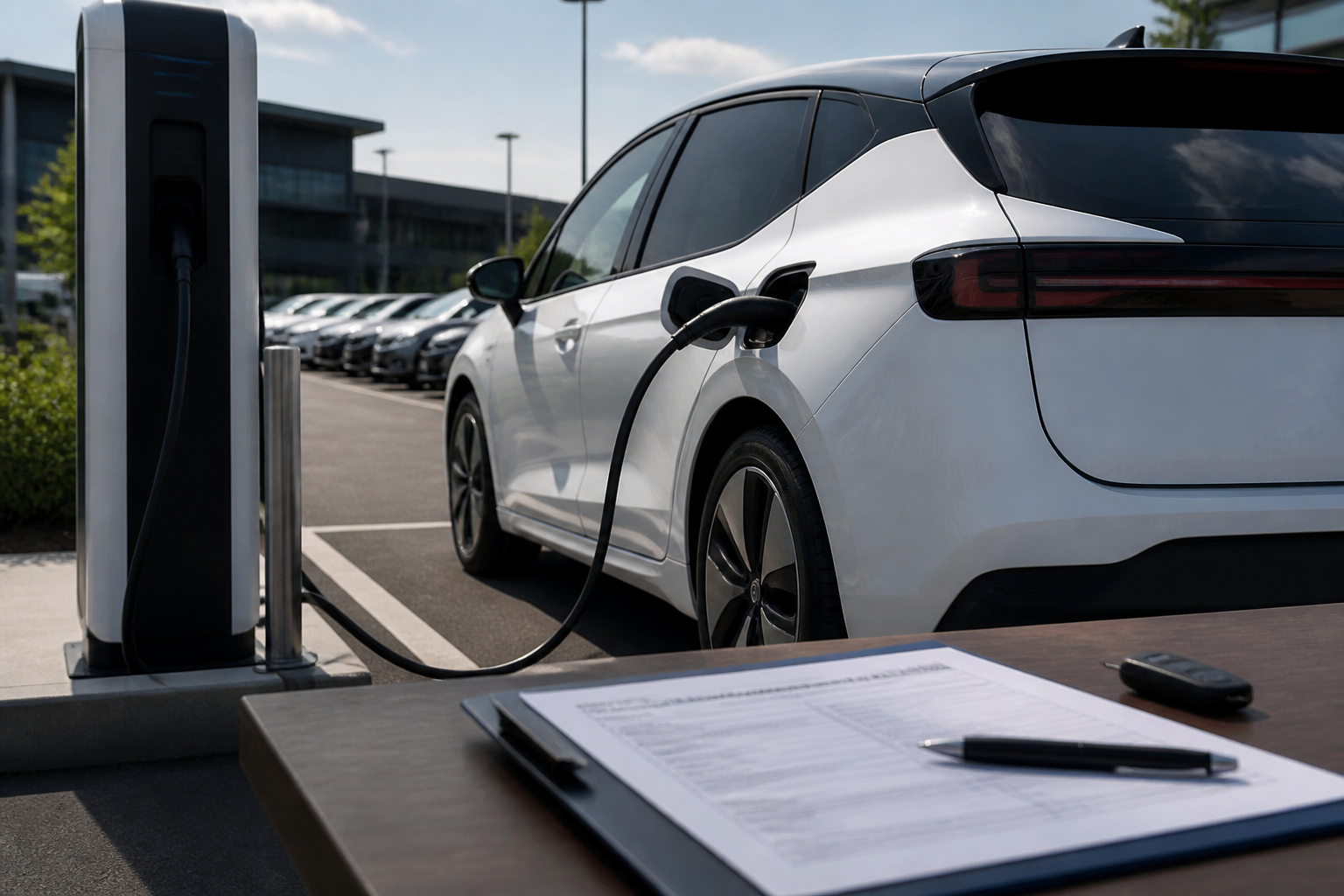 Electric vehicle parked near a modern charging station with insurance documents nearby