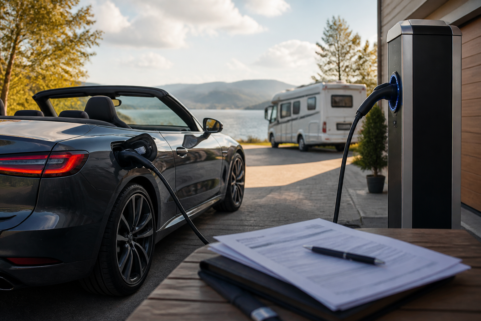 Electric vehicle parked near a modern charging station with insurance documents nearby
