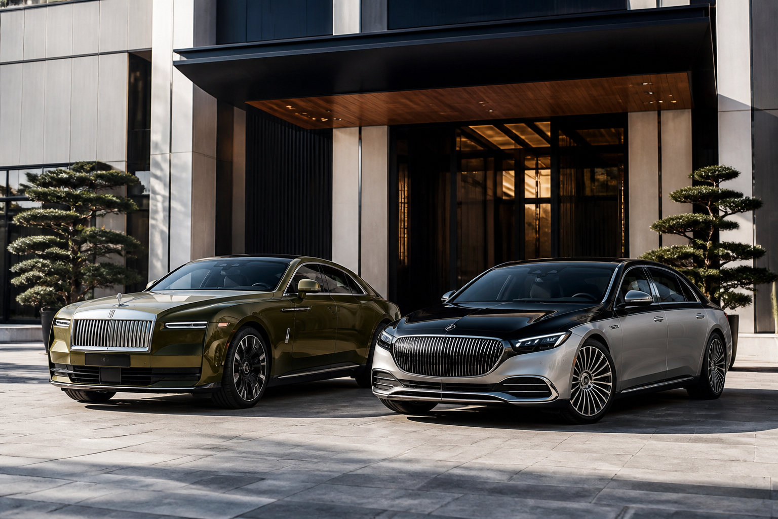 A Rolls-Royce Spectre and a Mercedes-Maybach EQS parked side-by-side in front of a modern, opulent building, showcasing their luxurious designs.