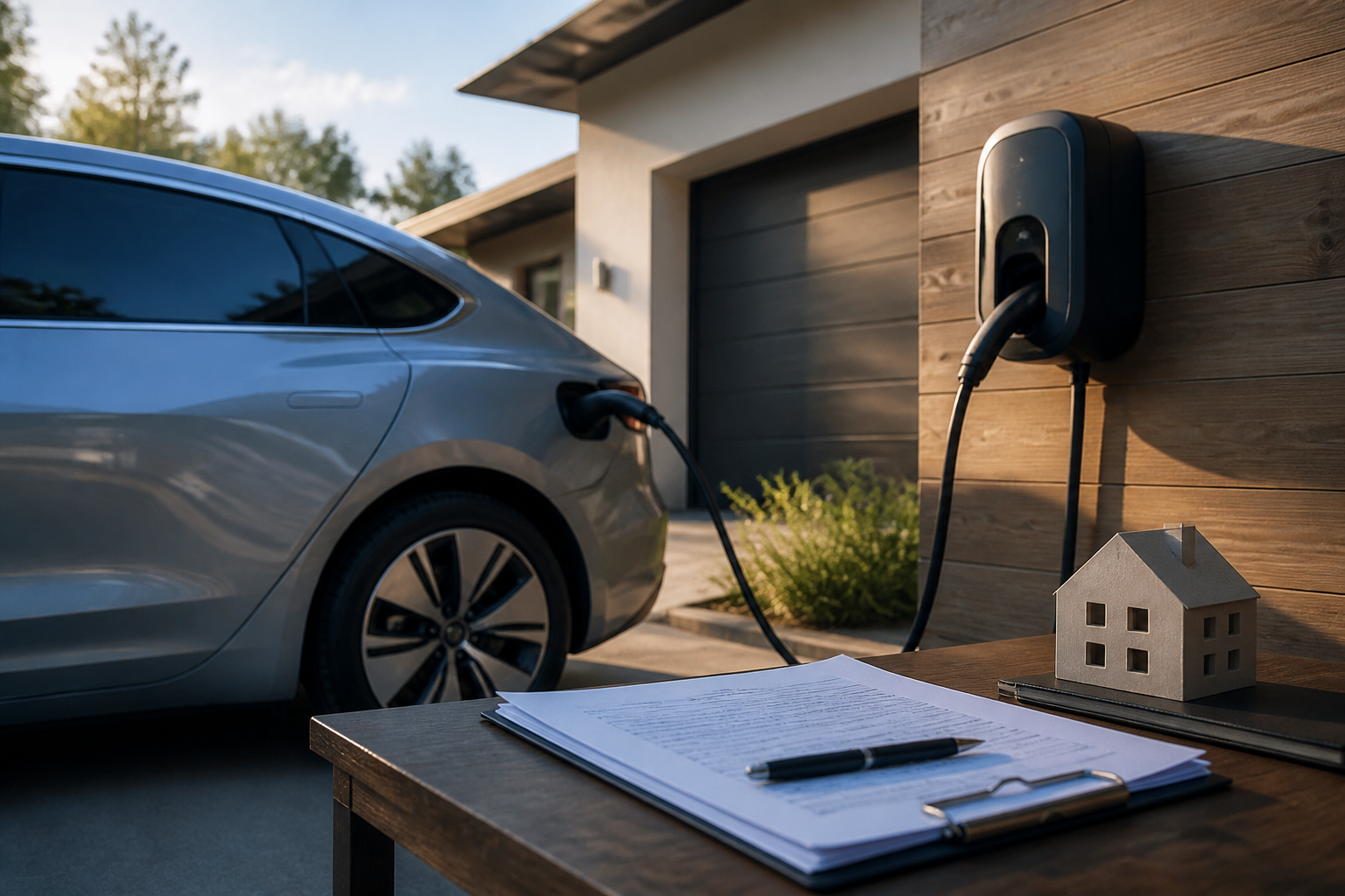 Electric vehicle parked near a modern charging station with insurance documents nearby