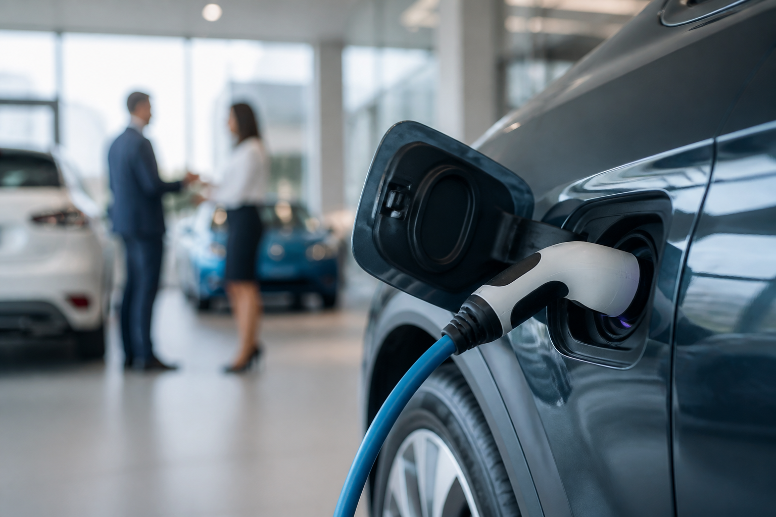 A close-up shot of a modern electric vehicle's charging port with a charging cable plugged in, set against a blurred background of a car dealership showroom.