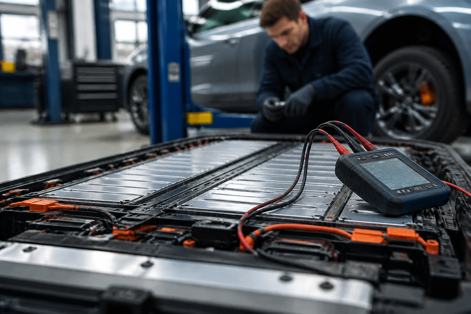 A close-up shot of an electric vehicle's battery pack under examination, with diagnostic tools connected and a technician in the background.
