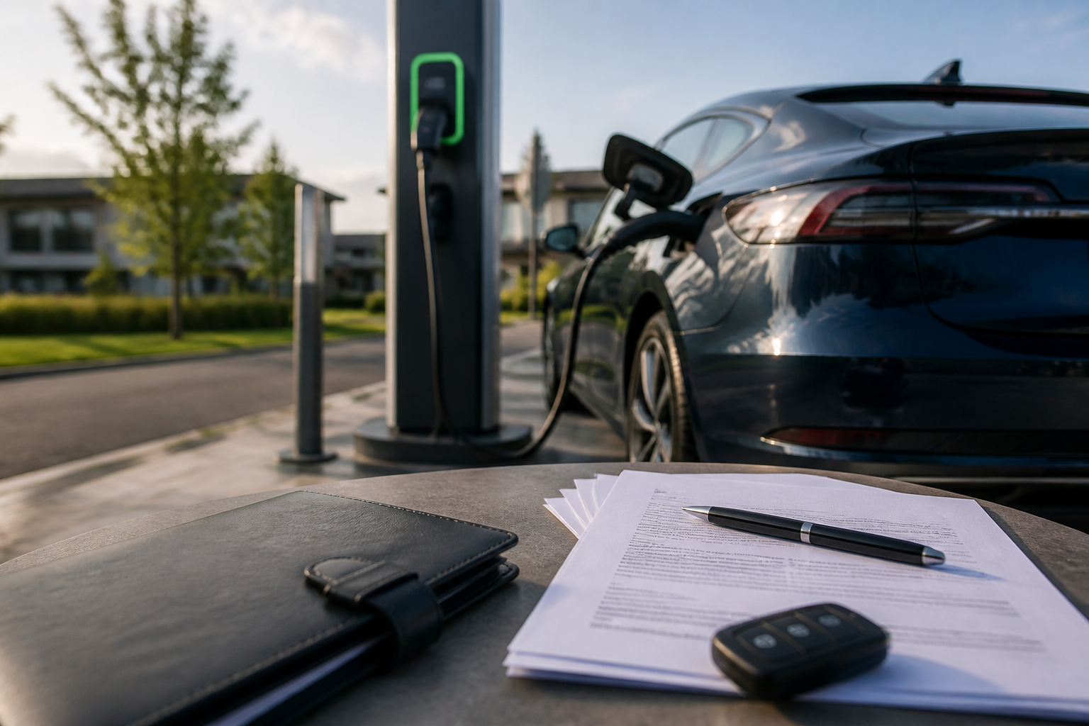 Electric vehicle parked near a modern charging station with insurance documents nearby