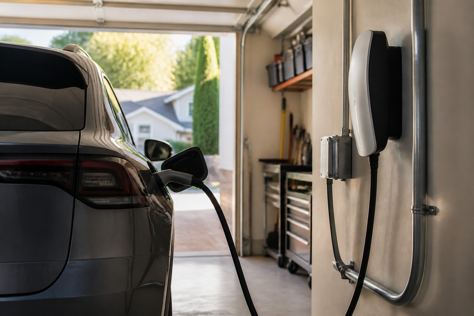 An electric vehicle charging in a residential garage, with a home charging station mounted on the wall and electrical wiring visible.