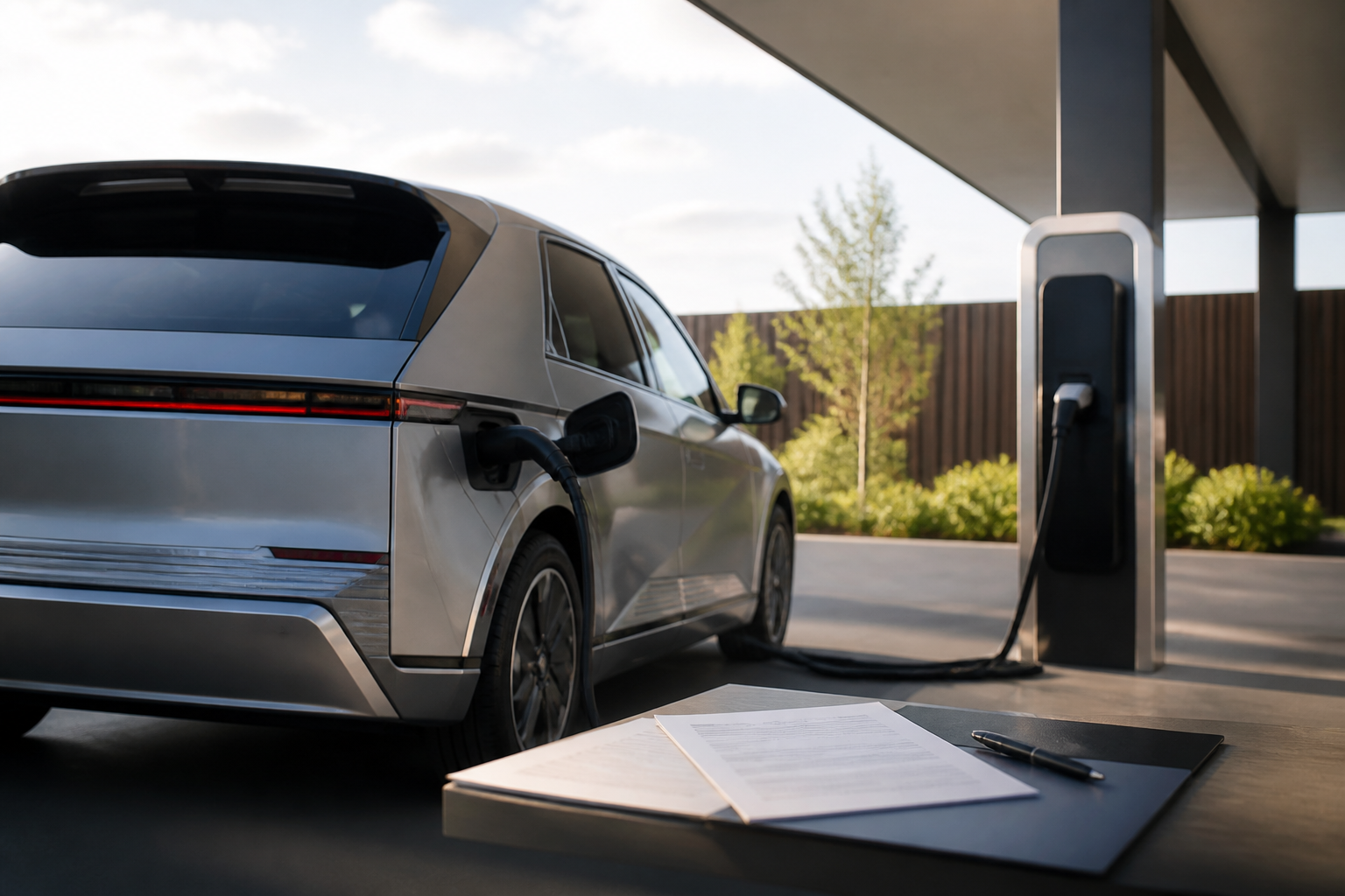 Electric vehicle parked near a modern charging station with insurance documents nearby