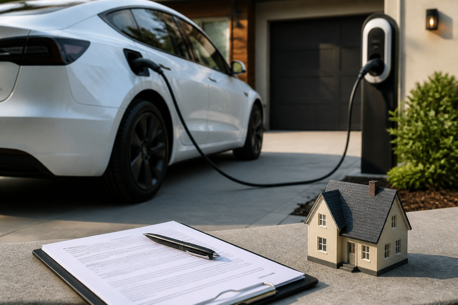 Electric vehicle parked near a modern charging station with insurance documents nearby