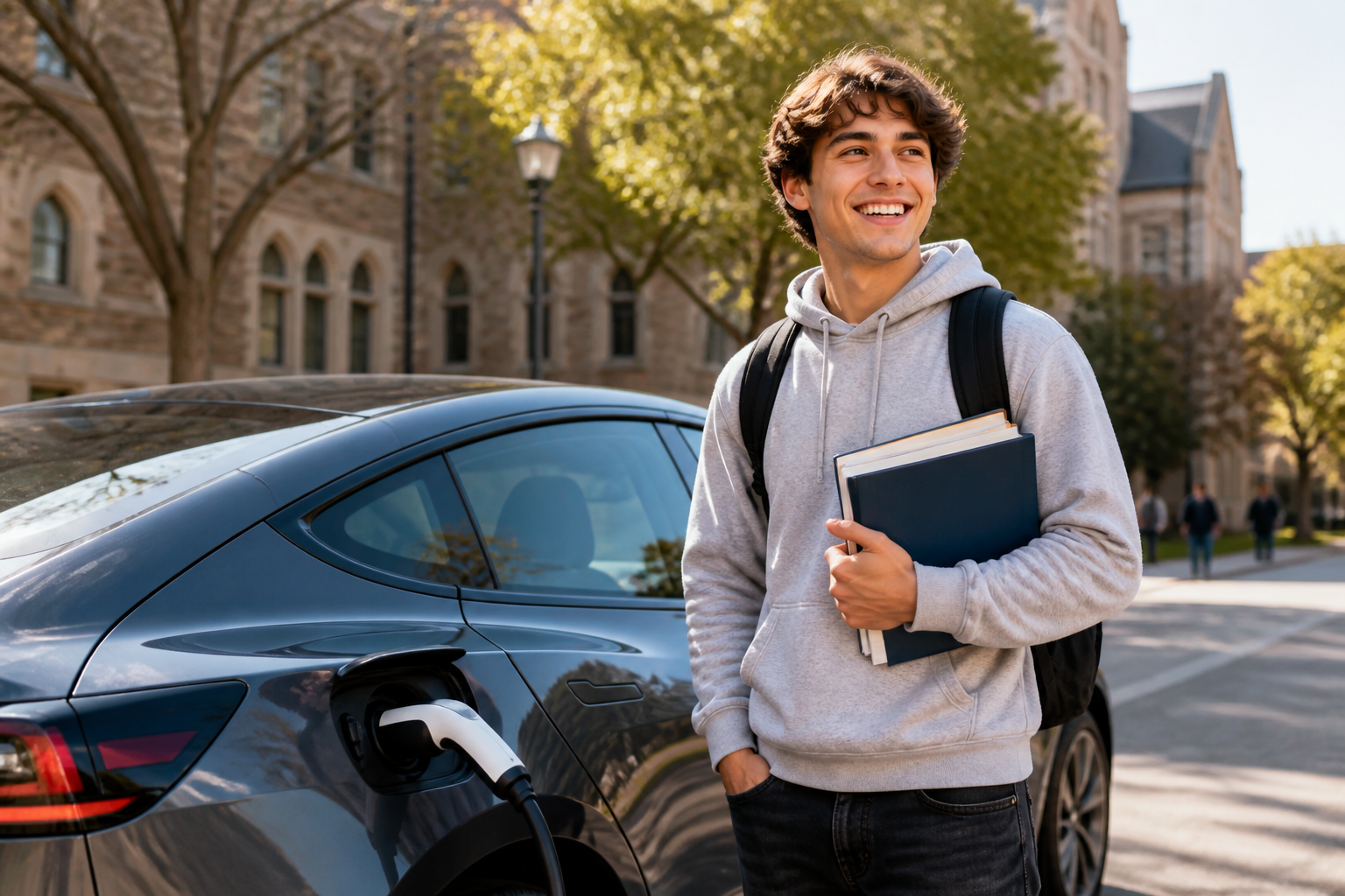 A young college student smiling while standing next to a sleek electric car parked on a university campus, with textbooks in hand.