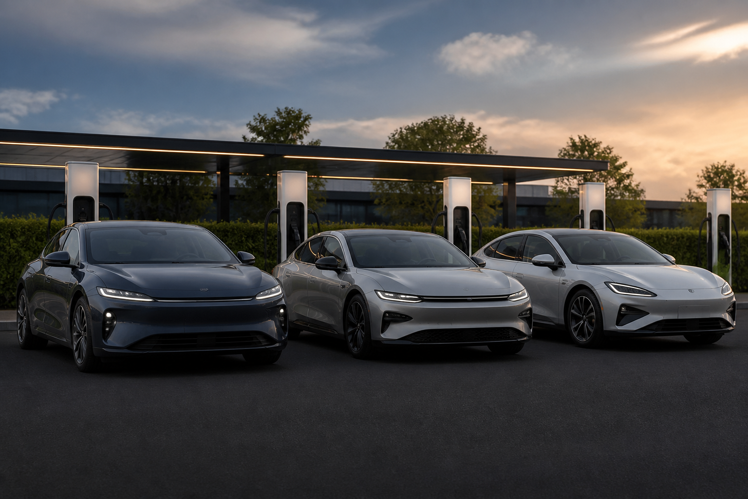 A Nio ET7, Xpeng P7, and BYD Seal parked side-by-side at a charging station, showcasing their distinct designs.