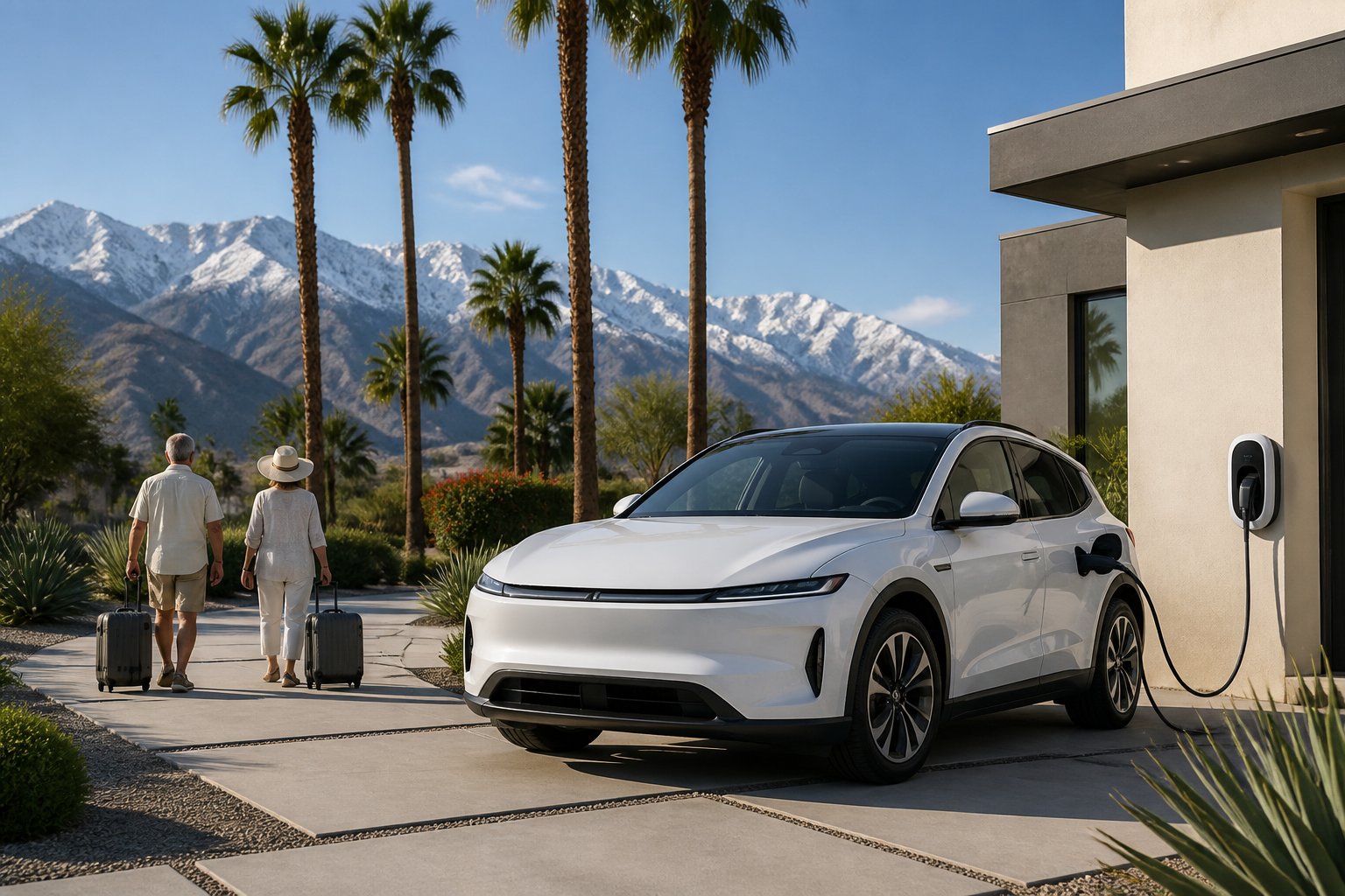 An electric vehicle parked in front of a modern home with palm trees and snow-capped mountains in the distance, symbolizing seasonal migration.