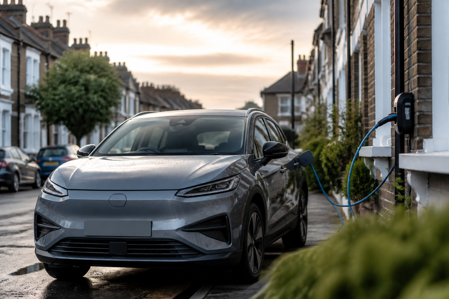 A modern electric vehicle parked on a residential street in a typical UK town, with terraced houses in the background and a charging cable visibly connected.