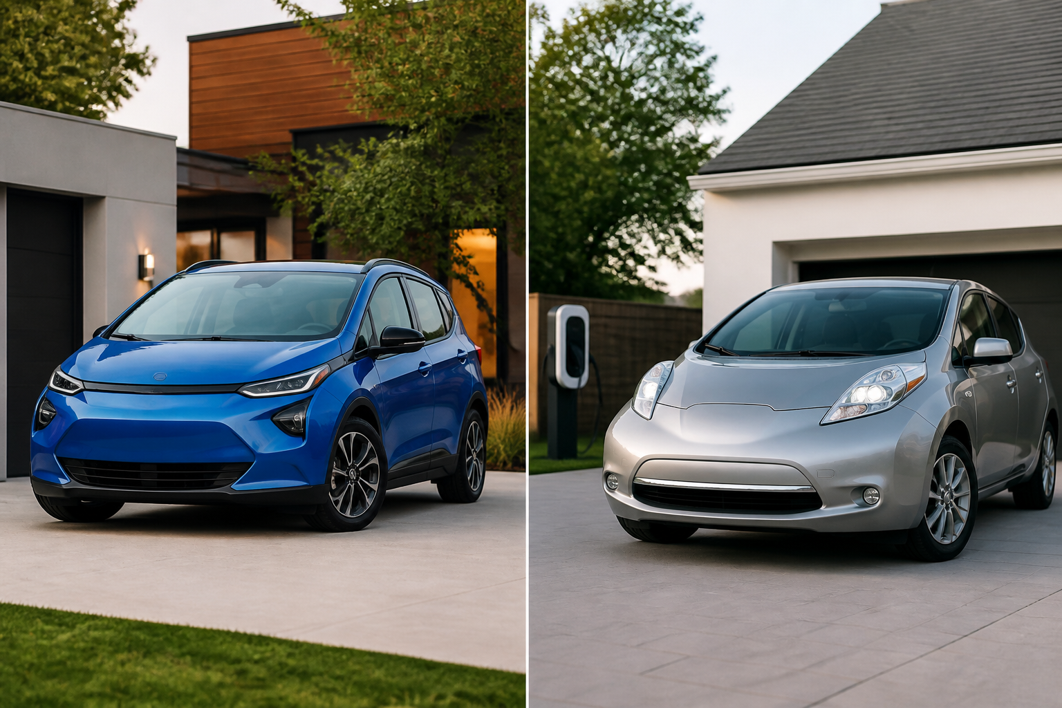 A split image showing a blue Chevrolet Bolt EV on the left and a silver Nissan Leaf on the right, both parked in front of a modern suburban home with a charging station.