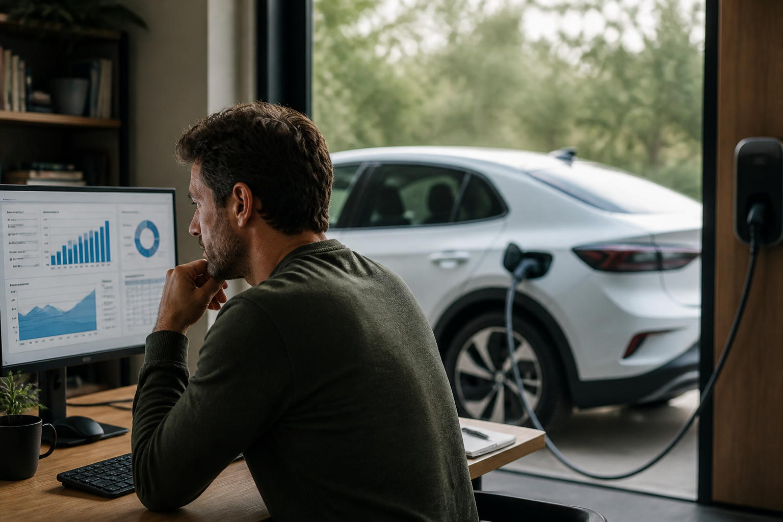 A person looking thoughtfully at a computer screen displaying various financial charts and graphs, with an electric car charging in the background.