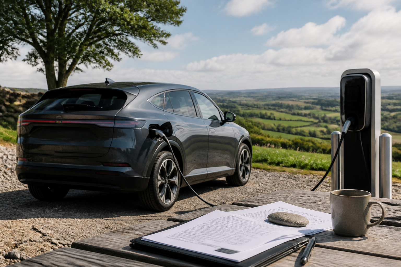 Electric vehicle parked near a modern charging station with insurance documents nearby