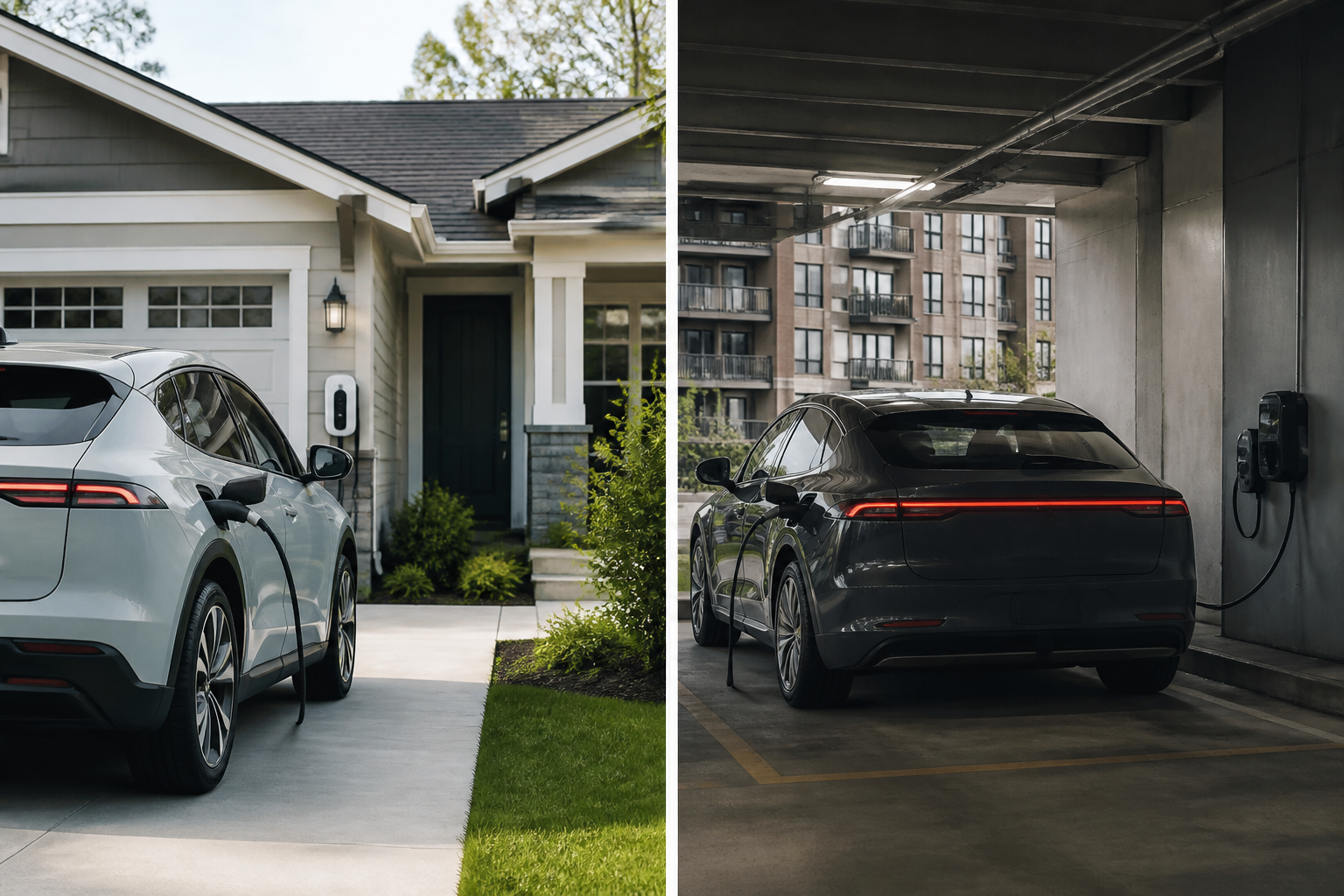 A modern electric vehicle parked in front of a suburban house with a charging station, juxtaposed with an EV parked in an urban apartment complex parking garage.