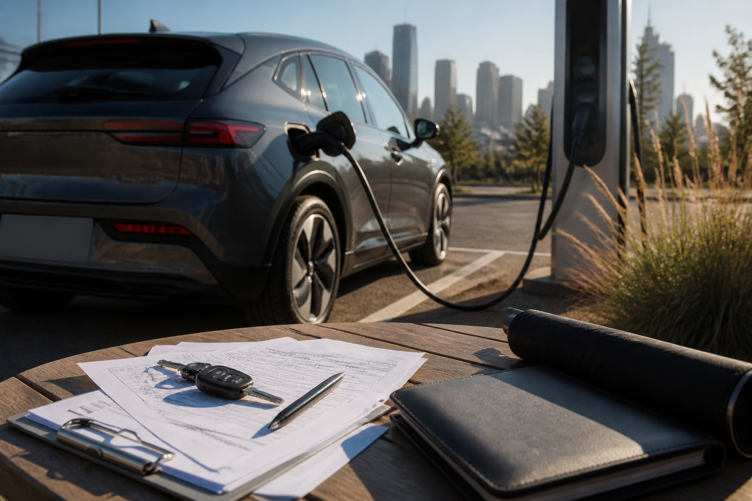 Electric vehicle parked near a modern charging station with insurance documents nearby
