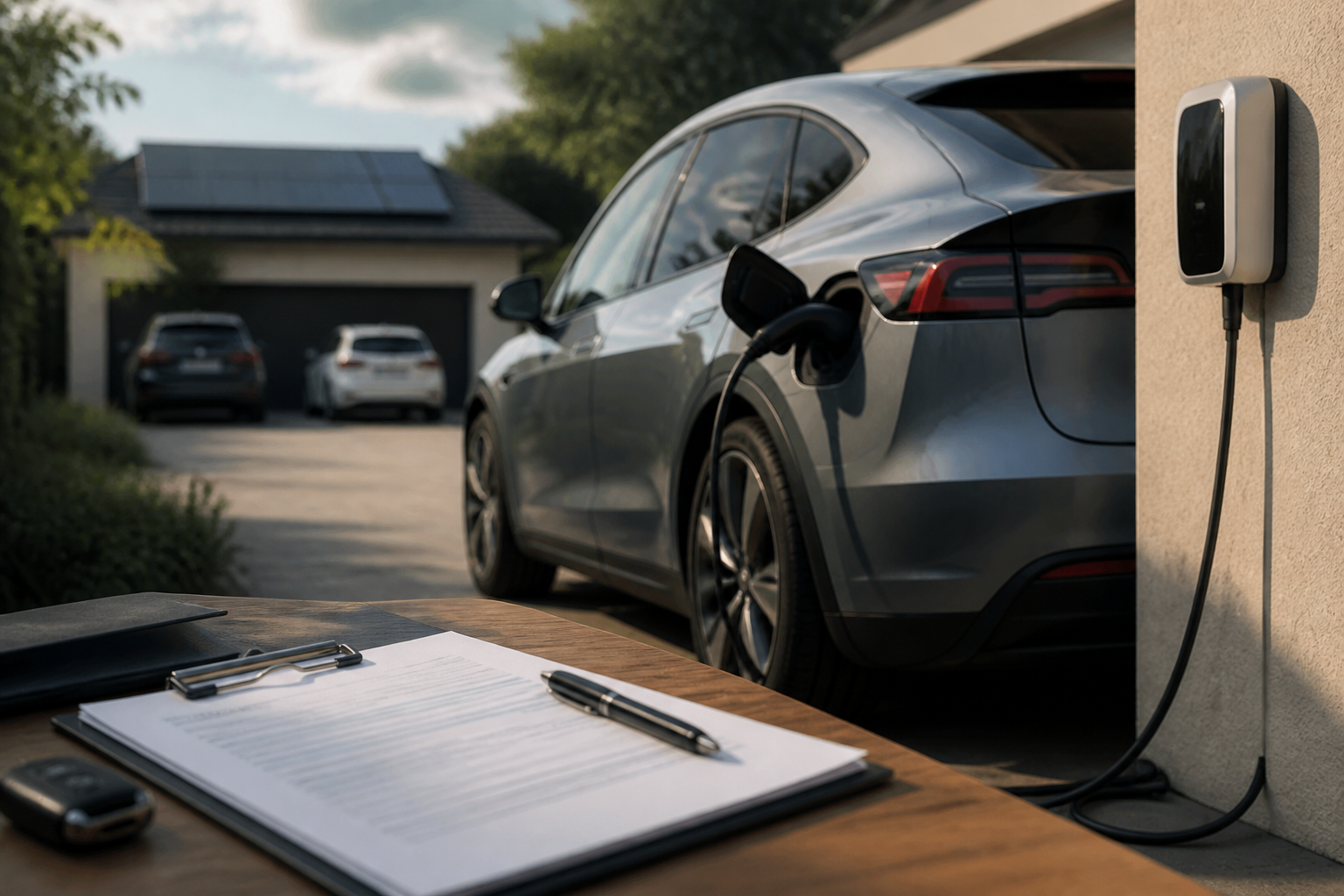 Electric vehicle parked near a modern charging station with insurance documents nearby