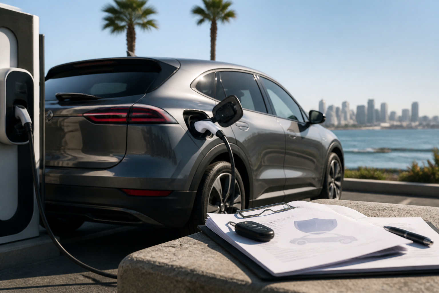 Electric vehicle parked near a modern charging station with insurance documents nearby