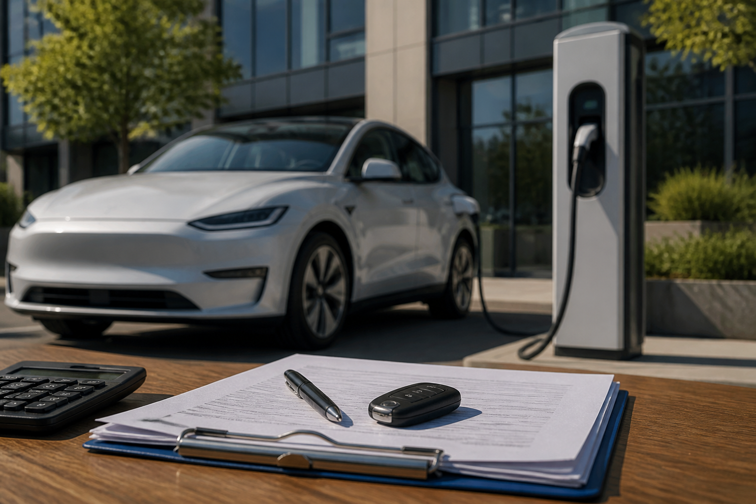 Electric vehicle parked near a modern charging station with insurance documents nearby