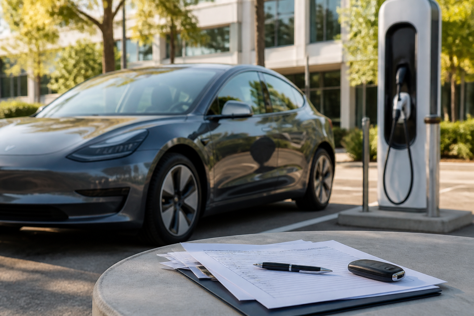 Electric vehicle parked near a modern charging station with insurance documents nearby