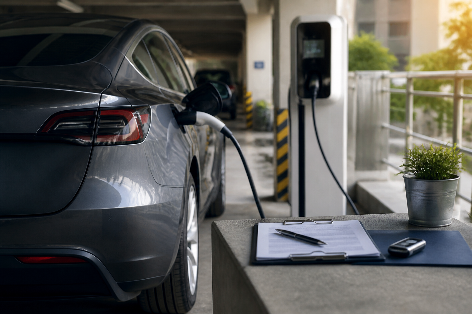 Electric vehicle parked near a modern charging station with insurance documents nearby