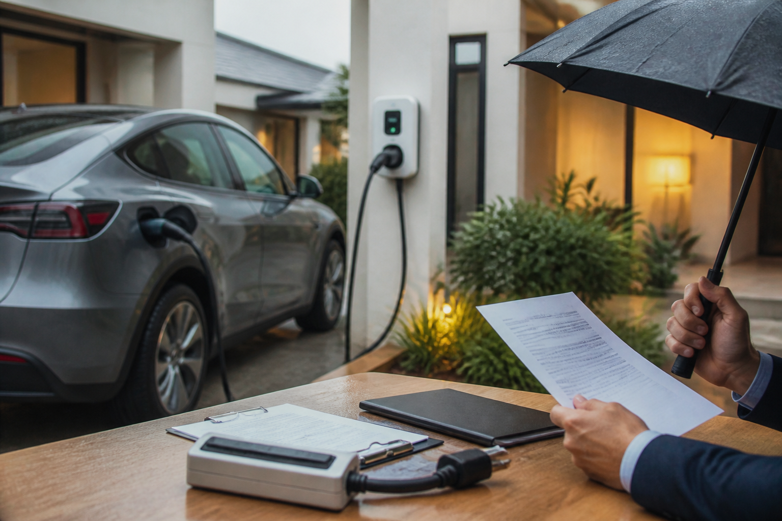 Electric vehicle parked near a modern charging station with insurance documents nearby