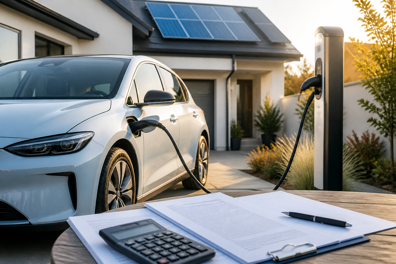 Electric vehicle parked near a modern charging station with insurance documents nearby
