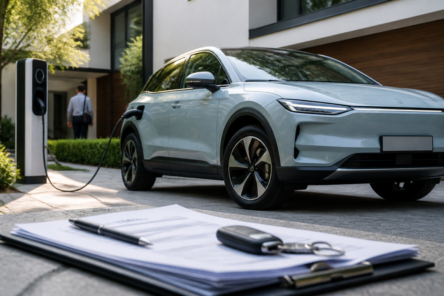 Electric vehicle parked near a modern charging station with insurance documents nearby