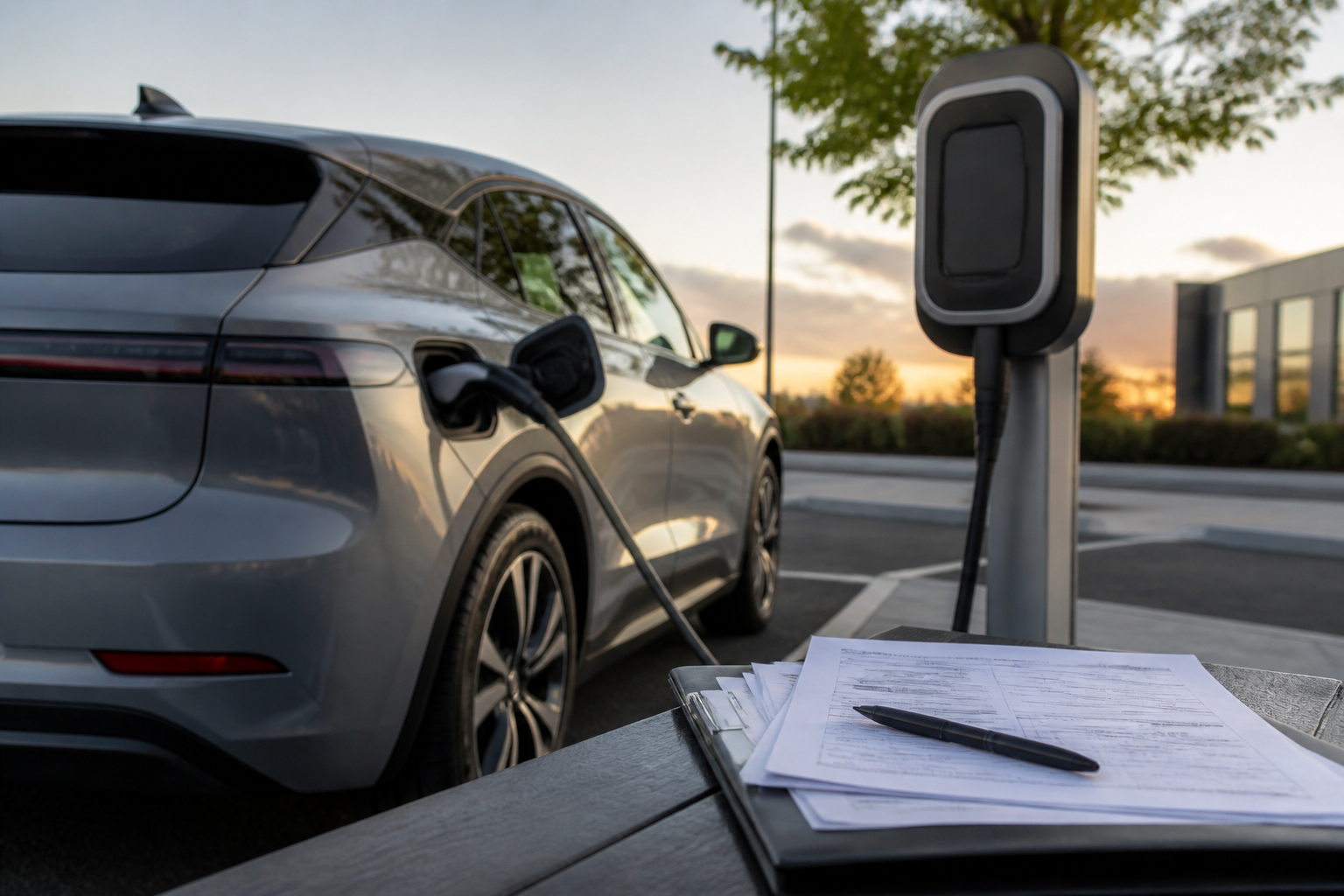 Electric vehicle parked near a modern charging station with insurance documents nearby