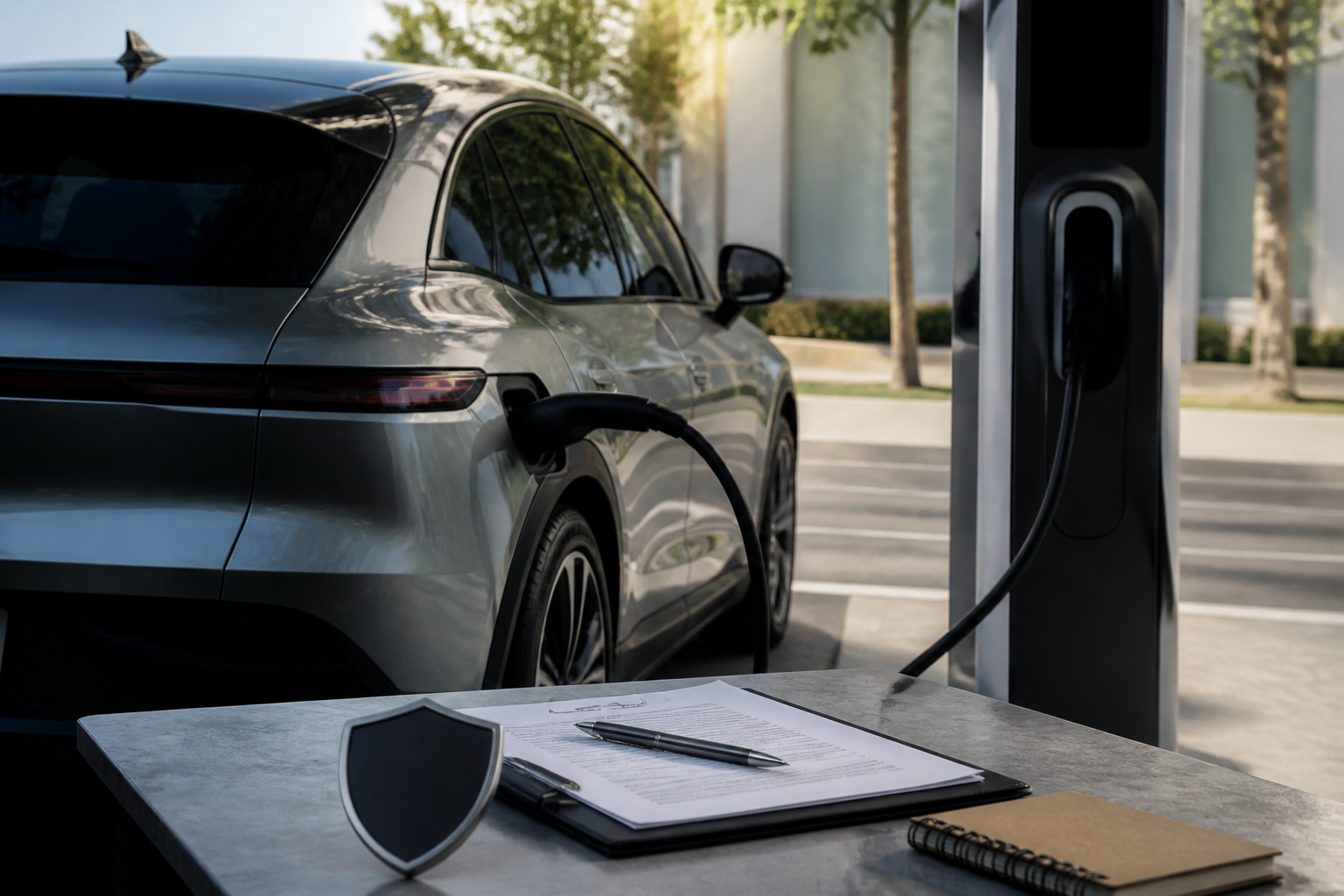 Electric vehicle parked near a modern charging station with insurance documents nearby