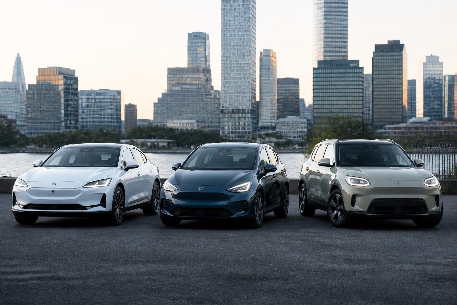 A Polestar 2, a Cupra Born, and a Smart #1 parked side-by-side in an urban setting, with a modern cityscape in the background.