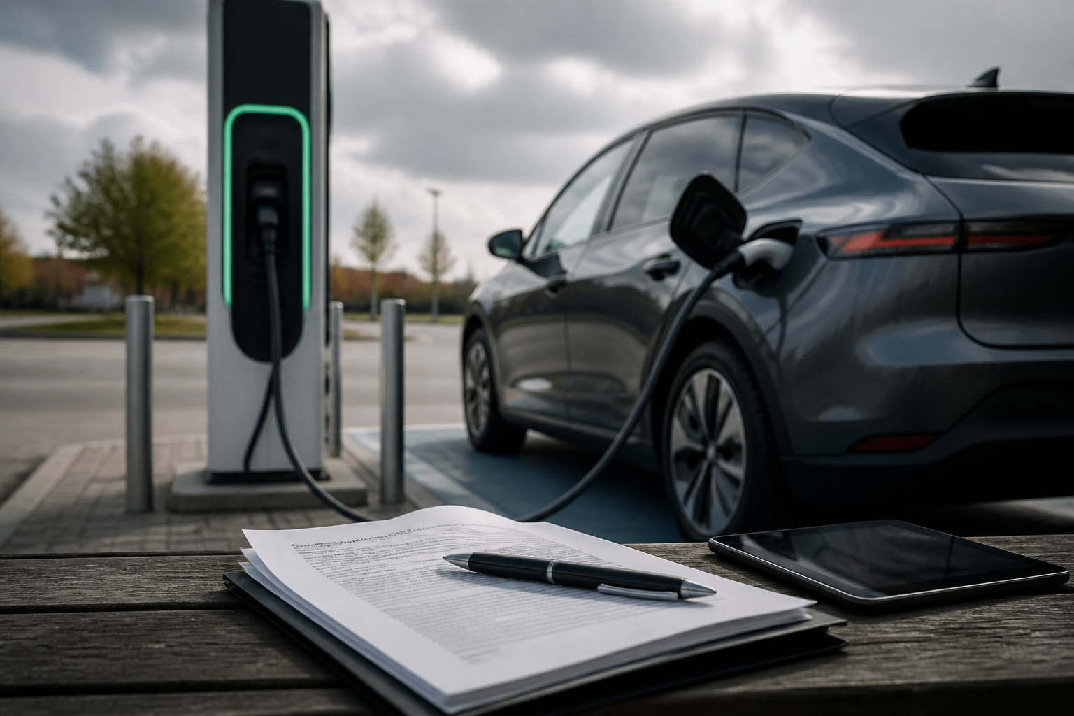 Electric vehicle parked near a modern charging station with insurance documents nearby