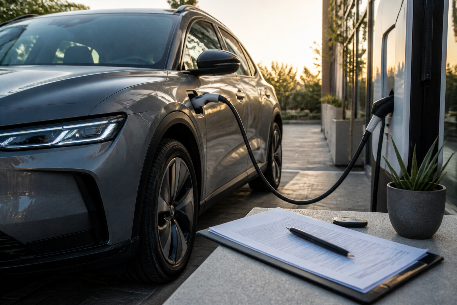 Electric vehicle parked near a modern charging station with insurance documents nearby