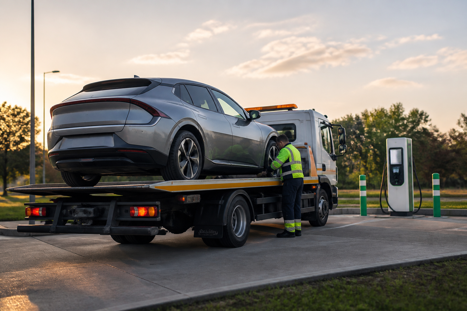 An electric vehicle being towed by a specialized flatbed tow truck, with a charging station visible in the background.