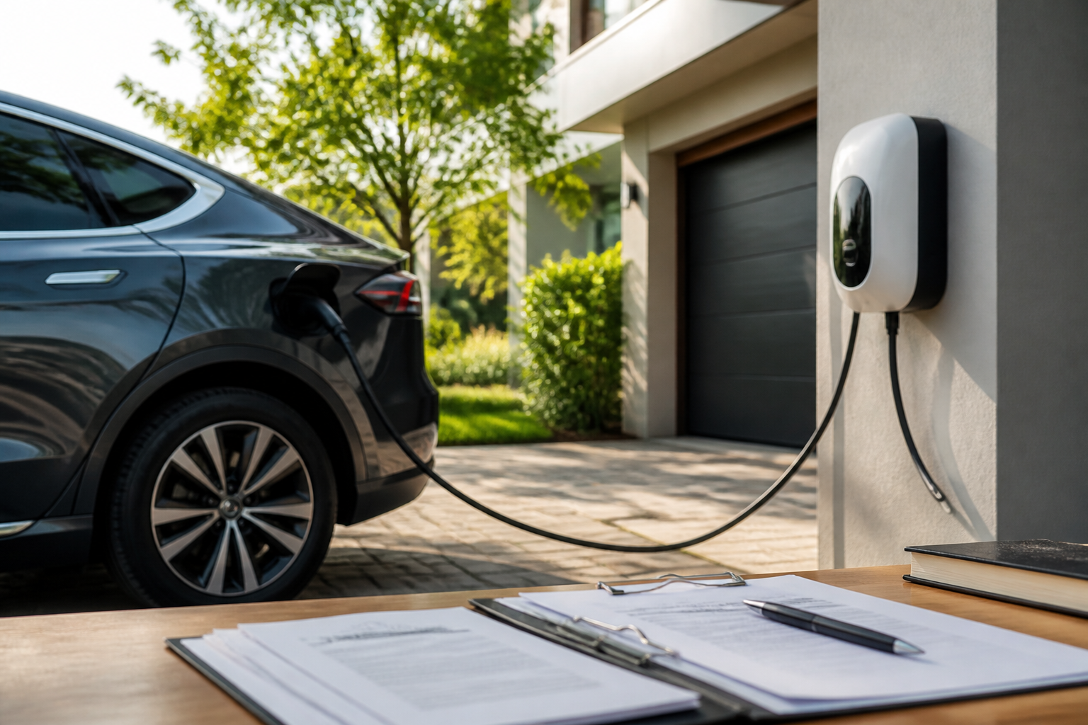 Electric vehicle parked near a modern charging station with insurance documents nearby
